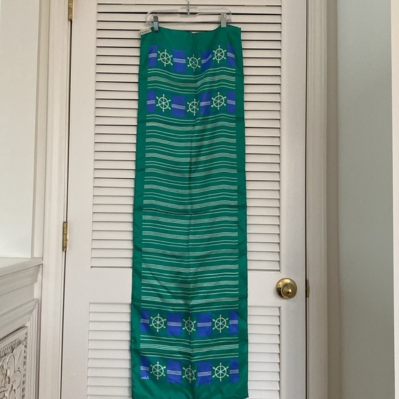 ECHO NAUTICAL 100% Silk Scarf. Green/White Stripes. Made in Japan. - Picture 4 of 6